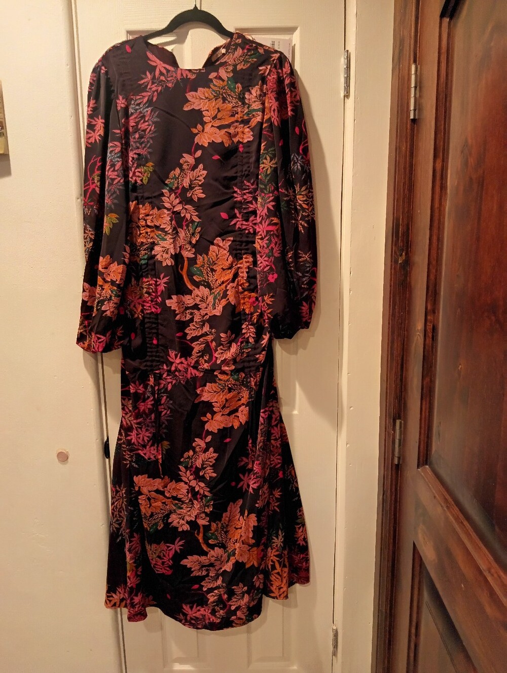 Floral Long Sleeve Maxi Dress - Black with Orange & Pink Floral